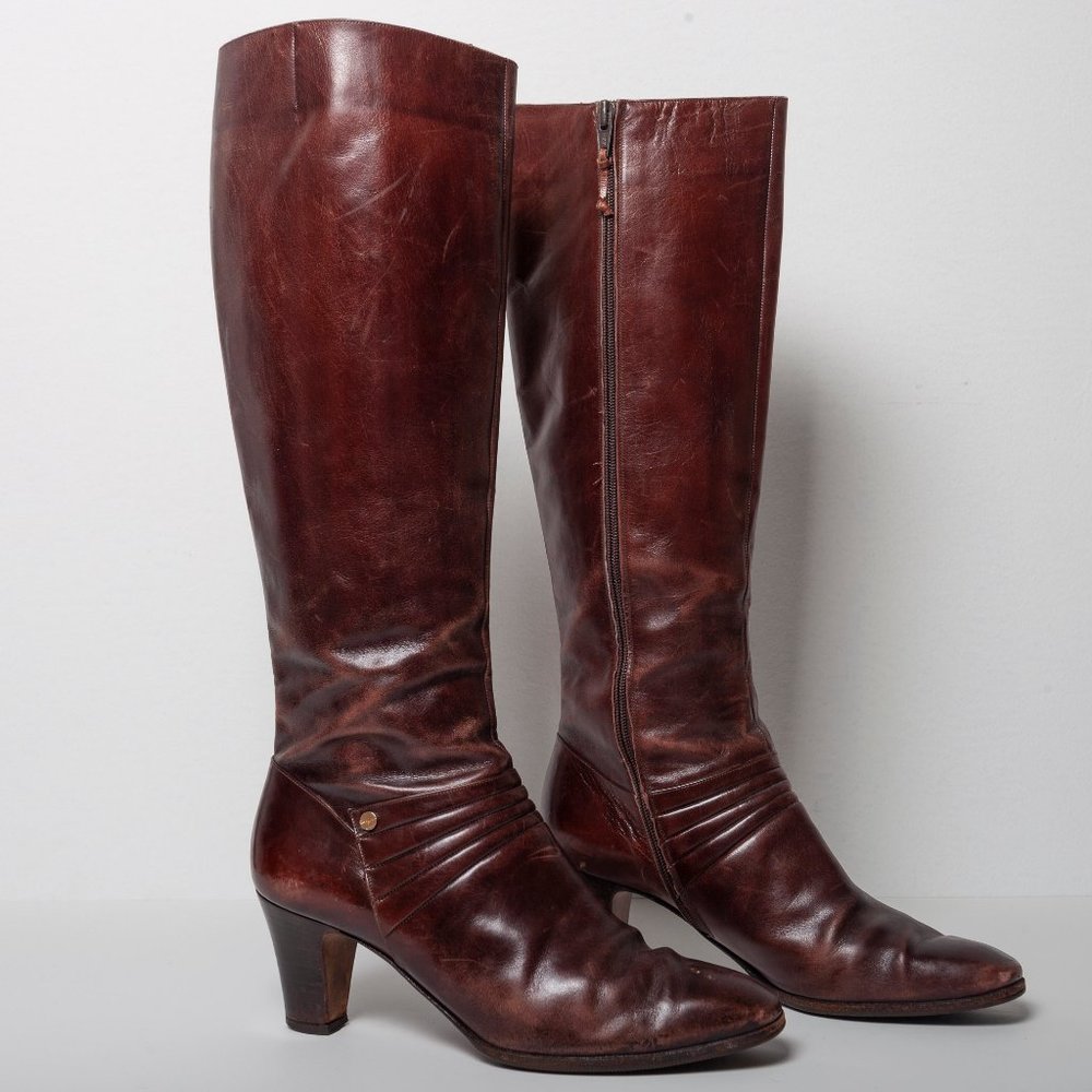 Vintage Ferragamo Brown Leather Knee Boots Size 8